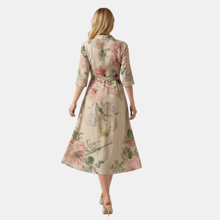 Women’s Floral Button Front Midi Dress with Collar-Villaayr