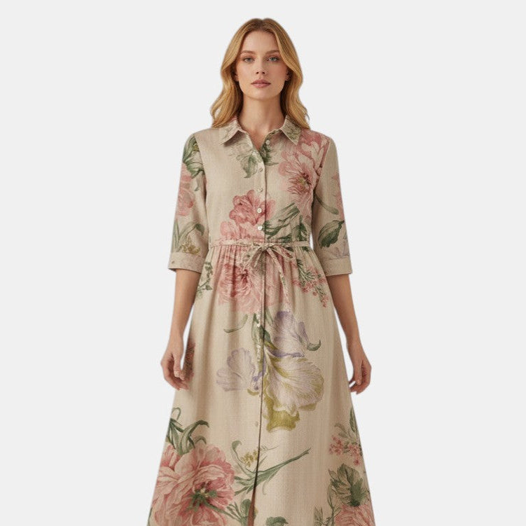 Women’s Floral Button Front Midi Dress with Collar-Villaayr