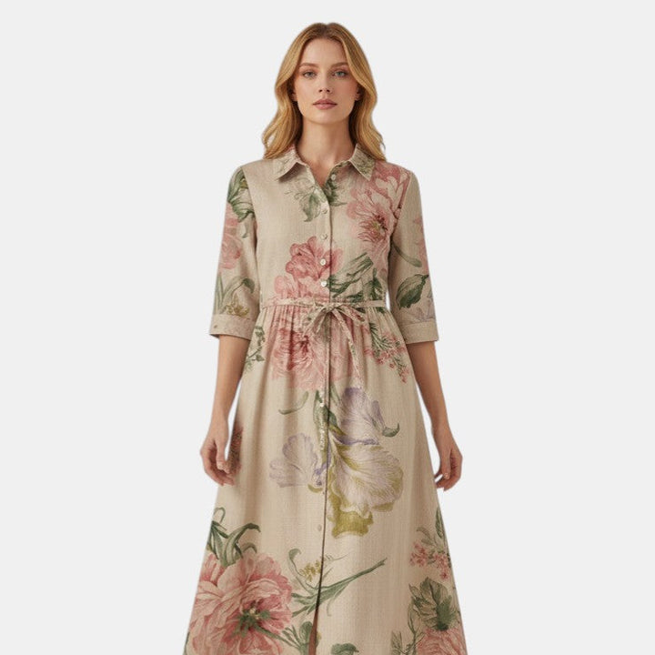 Women’s Floral Button Front Midi Dress with Collar-Villaayr
