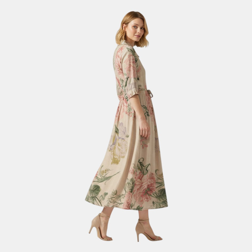Women’s Floral Button Front Midi Dress with Collar-Villaayr