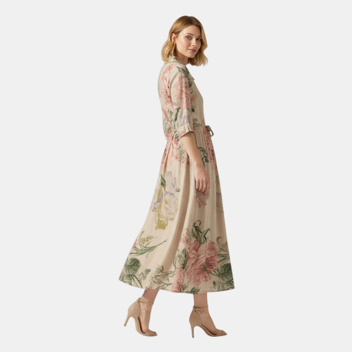 Women’s Floral Button Front Midi Dress with Collar-Villaayr