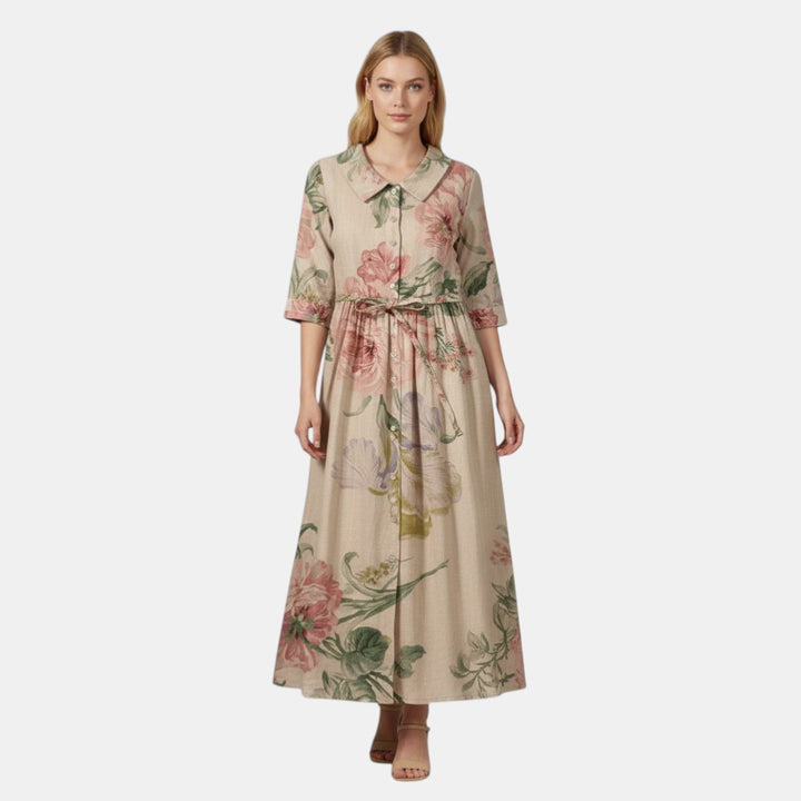 Women’s Floral Button Front Midi Dress with Collar-Villaayr