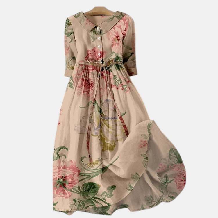 Women’s Floral Button Front Midi Dress with Collar-Villaayr