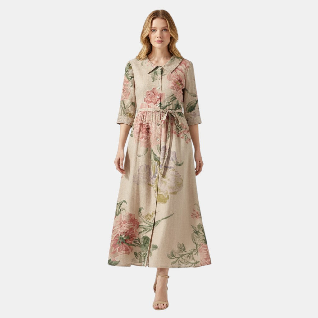 Women’s Floral Button Front Midi Dress with Collar-Villaayr