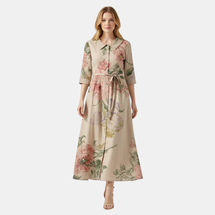 Women’s Floral Button Front Midi Dress with Collar-Villaayr
