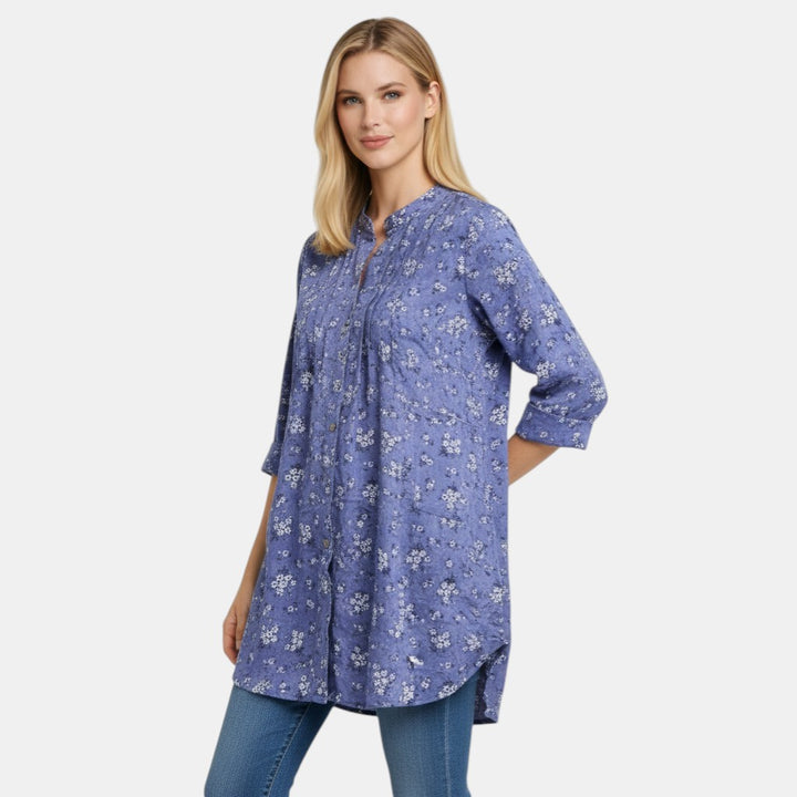 Women’s Floral Button Front Tunic Top with Pleated Neckline-Villaayr