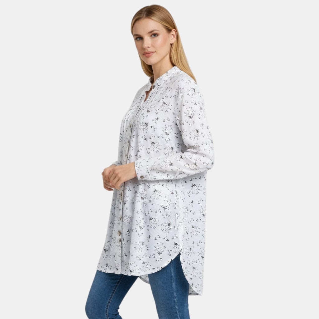 Women’s Floral Button Front Tunic Top with Pleated Neckline-Villaayr