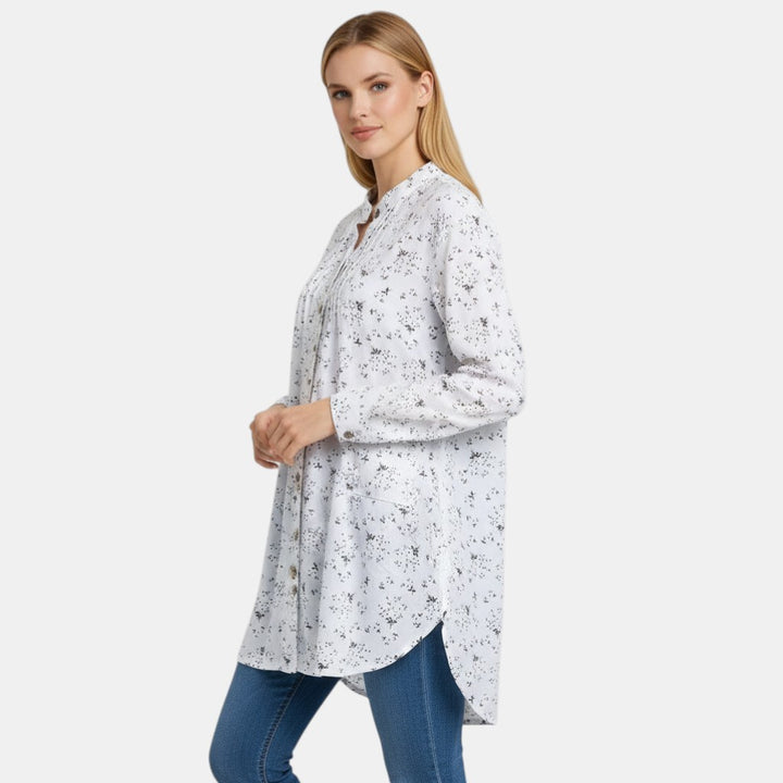 Women’s Floral Button Front Tunic Top with Pleated Neckline-Villaayr