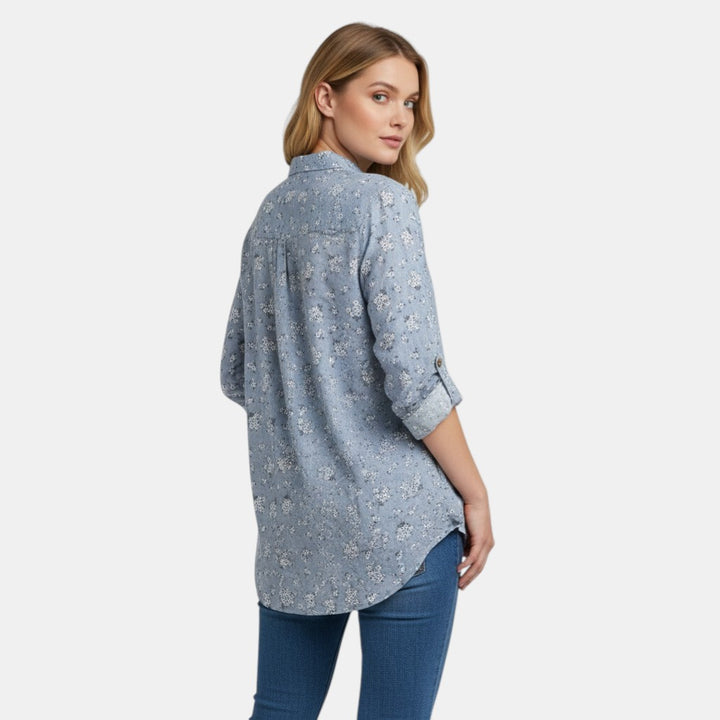 Women’s Floral Button Front Tunic Top with Pleated Neckline-Villaayr