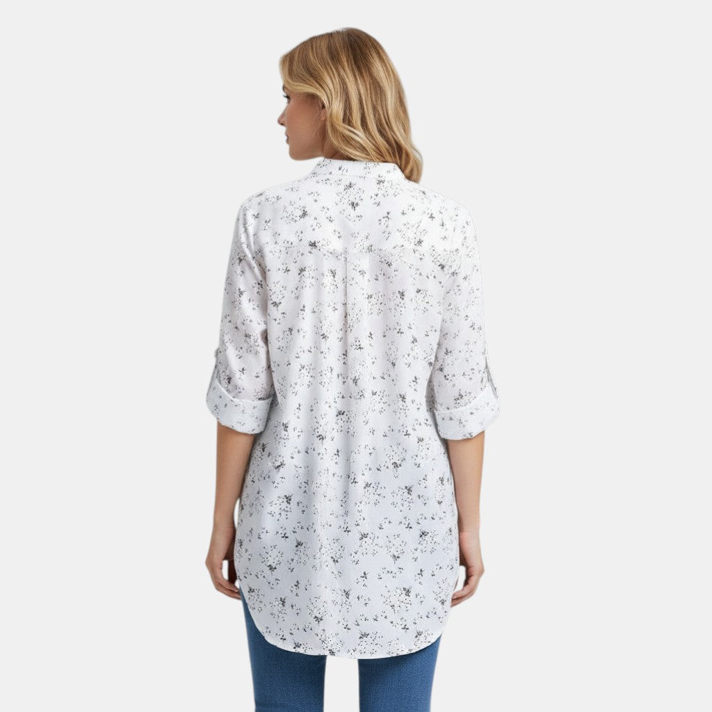 Women’s Floral Button Front Tunic Top with Pleated Neckline-Villaayr