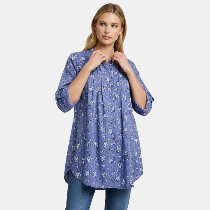Women’s Floral Button Front Tunic Top with Pleated Neckline-Villaayr