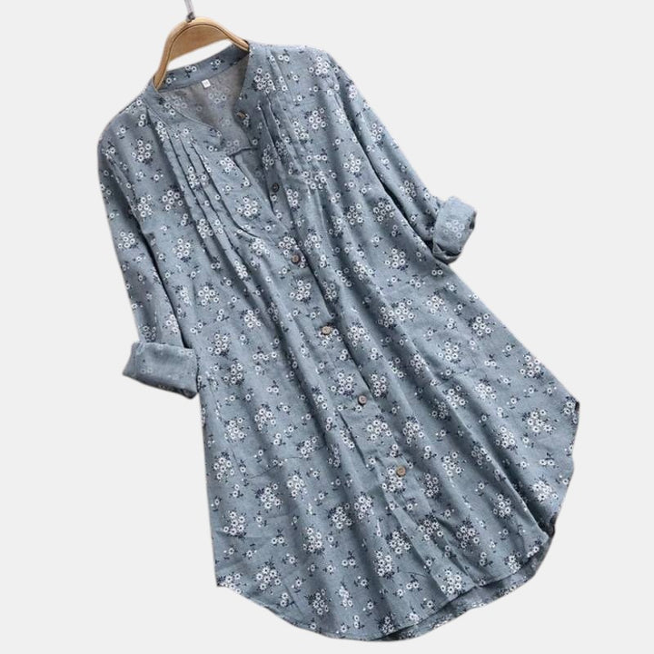 Women’s Floral Button Front Tunic Top with Pleated Neckline-Villaayr