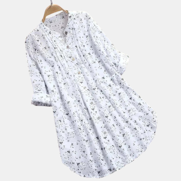 Women’s Floral Button Front Tunic Top with Pleated Neckline-Villaayr