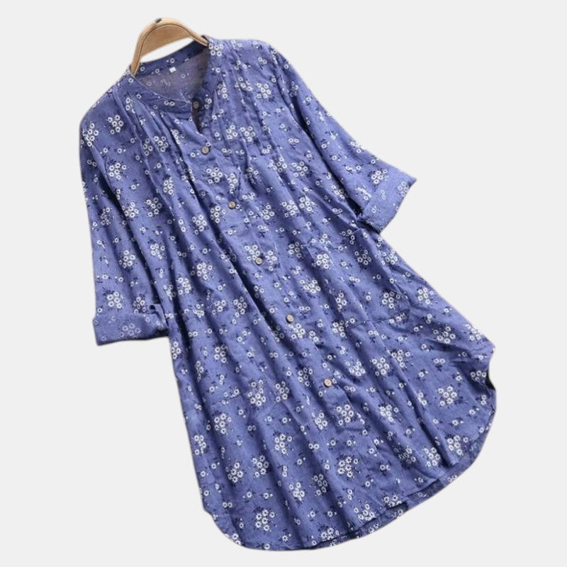 Women’s Floral Button Front Tunic Top with Pleated Neckline-Villaayr