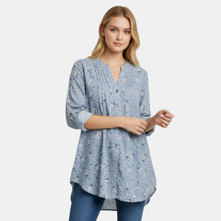 Women’s Floral Button Front Tunic Top with Pleated Neckline-Villaayr