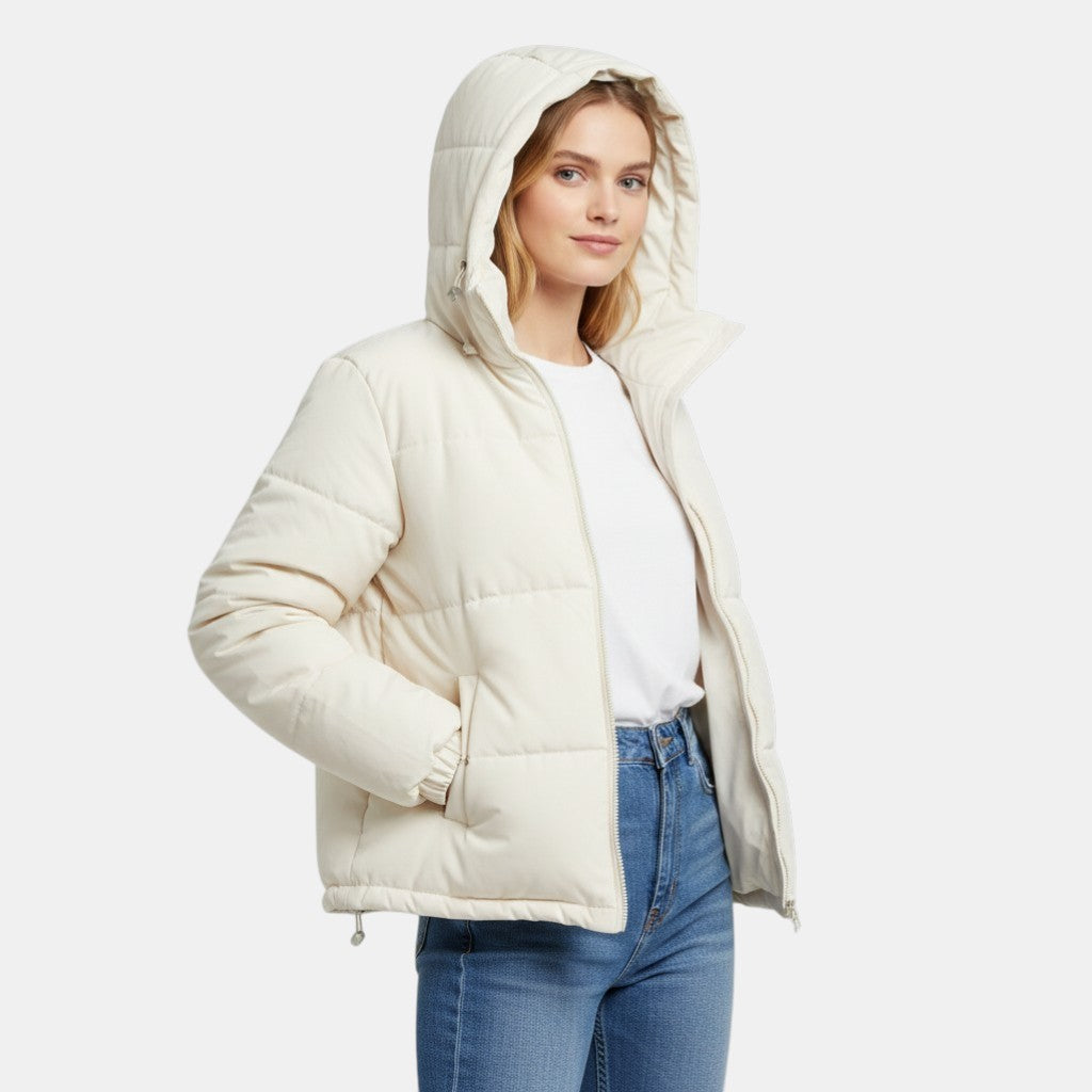 Women’s Hooded Puffer Jacket with Front Zip-Villaayr