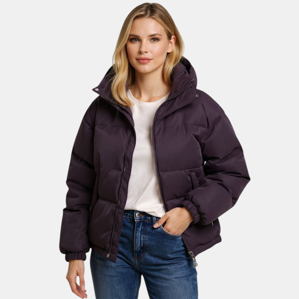 Women’s Hooded Puffer Jacket with Front Zip-Villaayr