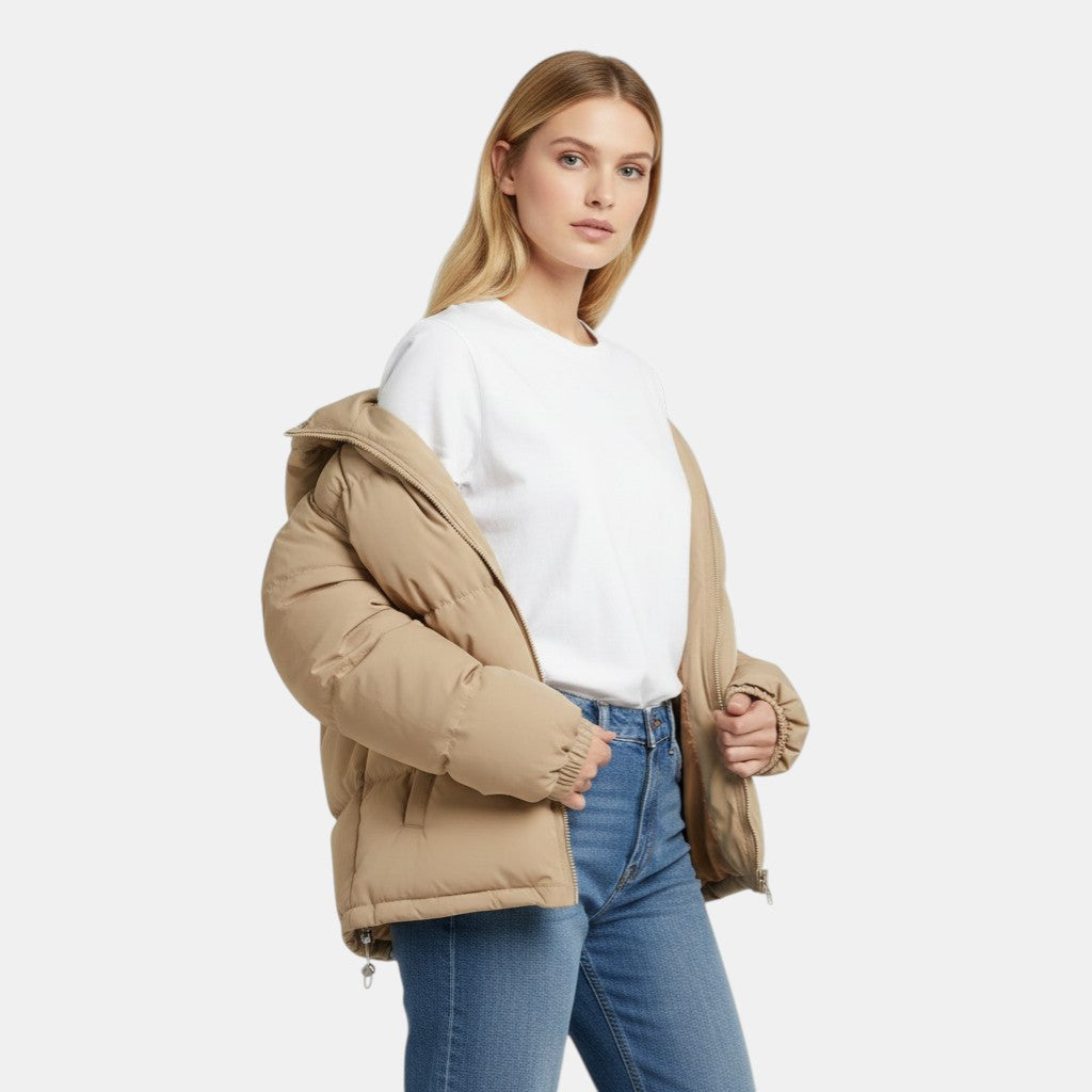 Women’s Hooded Puffer Jacket with Front Zip-Villaayr
