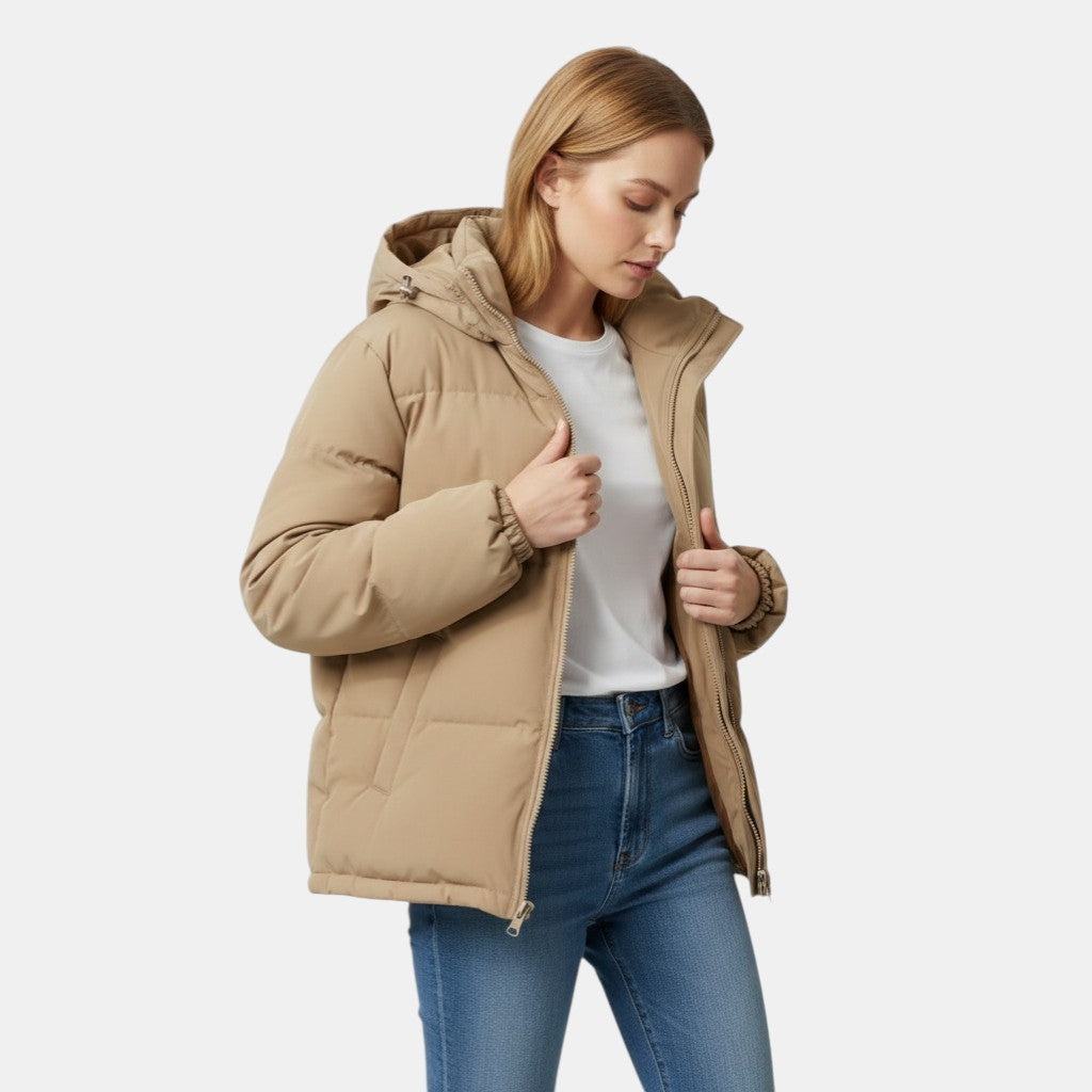 Women’s Hooded Puffer Jacket with Front Zip-Villaayr
