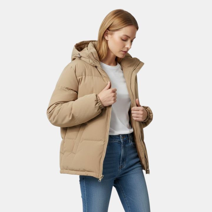 Women’s Hooded Puffer Jacket with Front Zip-Villaayr