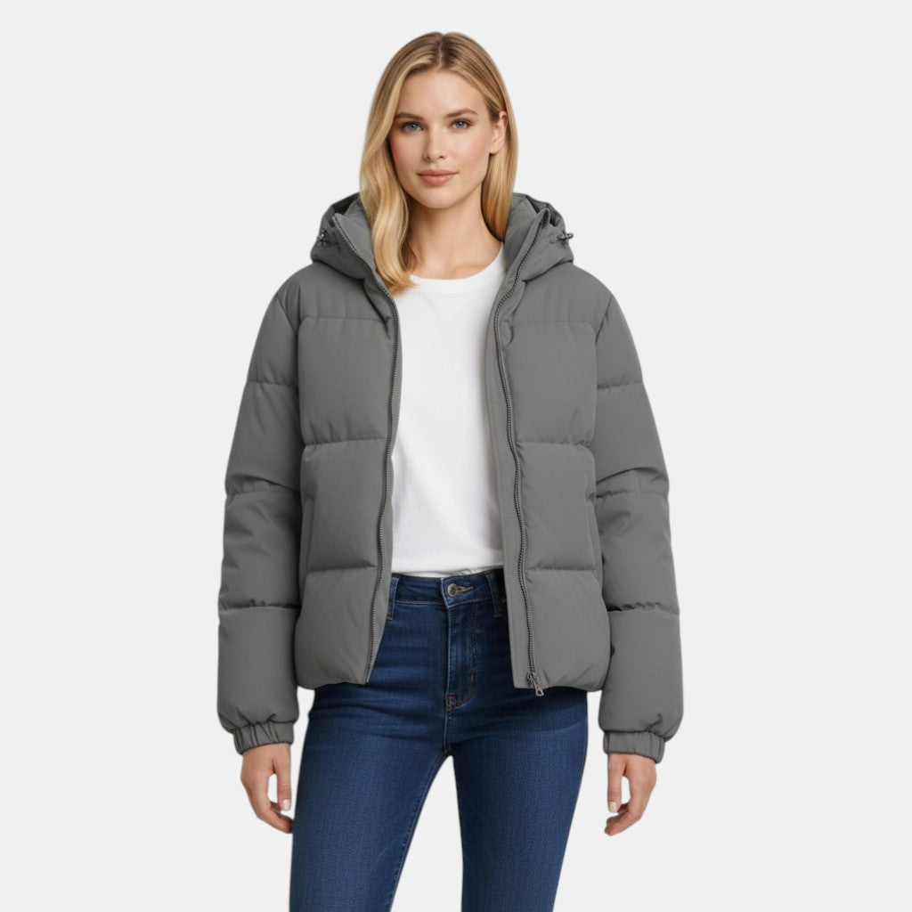 Women’s Hooded Puffer Jacket with Front Zip-Villaayr
