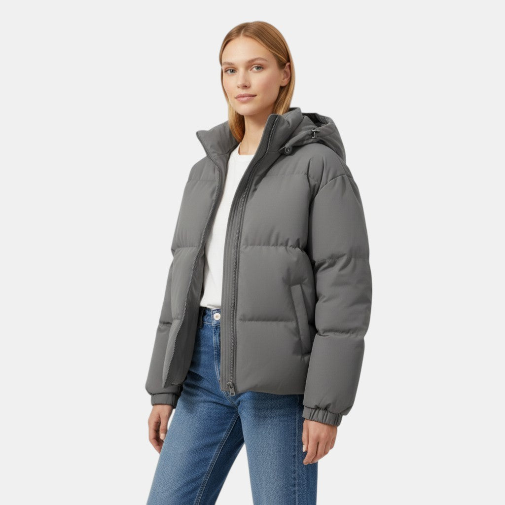 Women’s Hooded Puffer Jacket with Front Zip-Villaayr