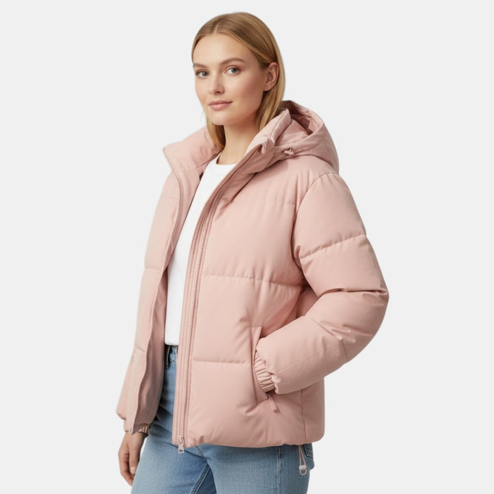 Women’s Hooded Puffer Jacket with Front Zip-Villaayr