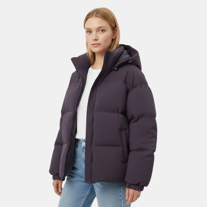 Women’s Hooded Puffer Jacket with Front Zip-Villaayr