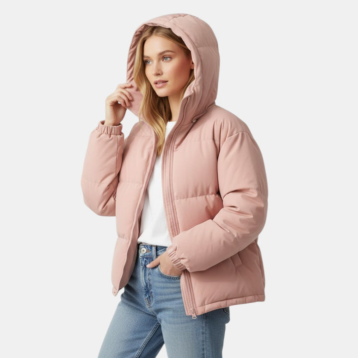 Women’s Hooded Puffer Jacket with Front Zip-Villaayr