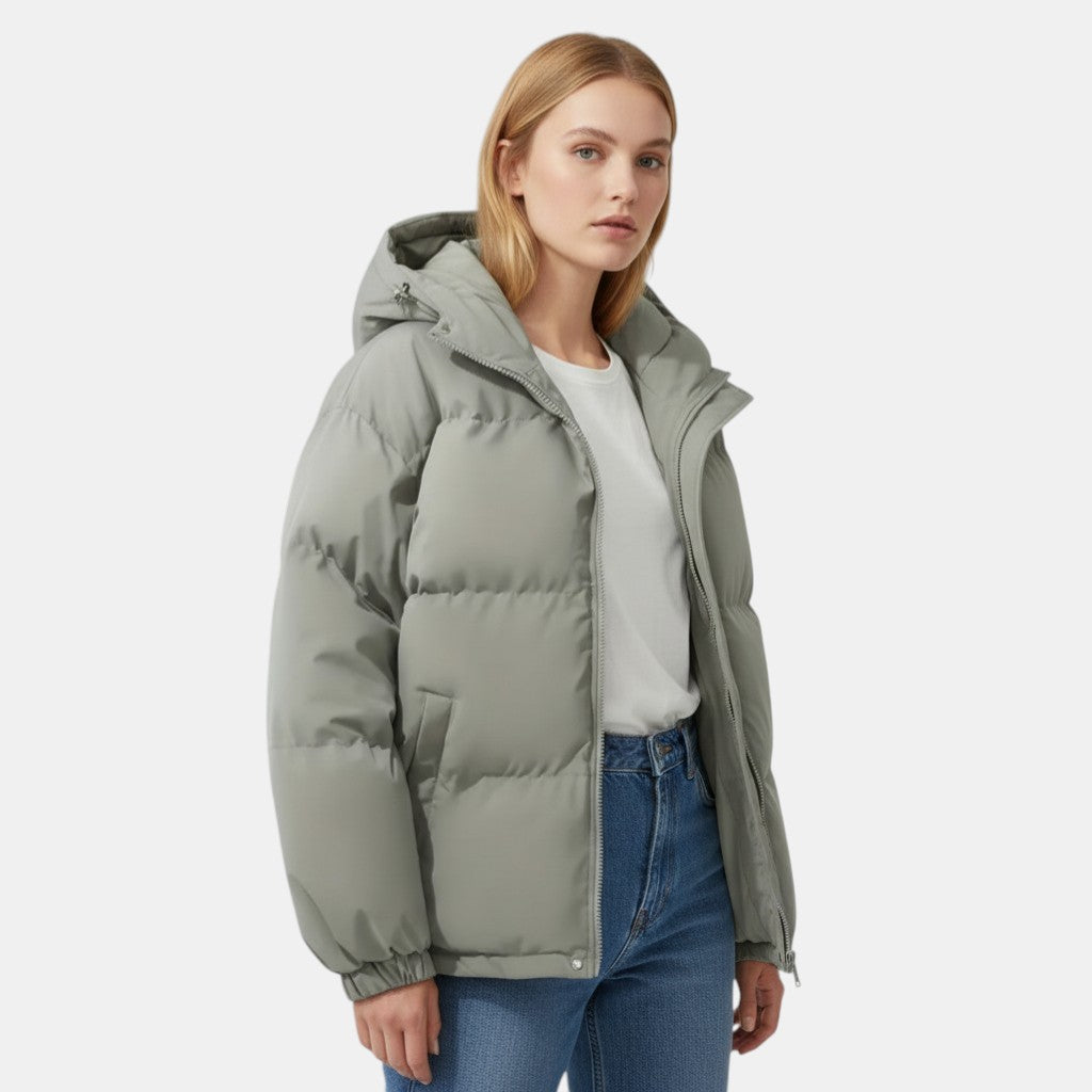 Women’s Hooded Puffer Jacket with Front Zip-Villaayr
