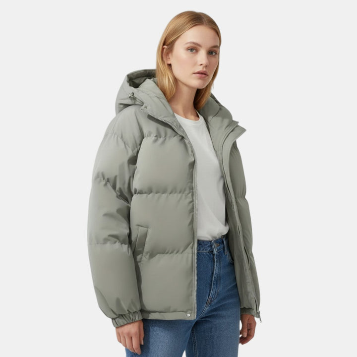 Women’s Hooded Puffer Jacket with Front Zip-Villaayr