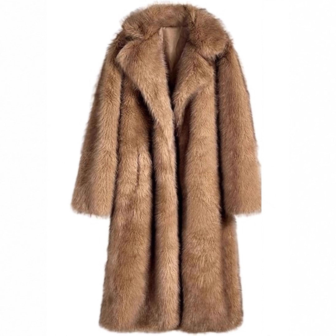 Women’s Long Faux Fur Coat with Notched Lapel-Villaayr