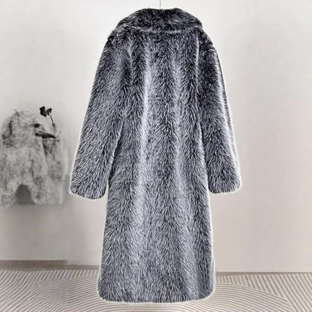 Women’s Long Faux Fur Coat with Notched Lapel-Villaayr