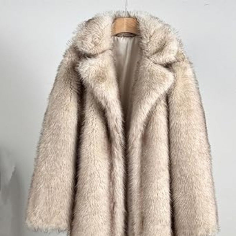 Women’s Long Faux Fur Coat with Notched Lapel-Villaayr
