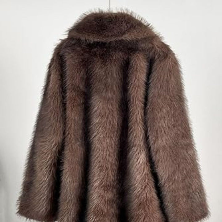 Women’s Long Faux Fur Coat with Notched Lapel-Villaayr