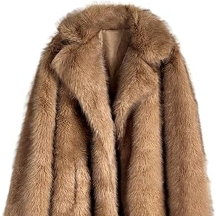 Women’s Long Faux Fur Coat with Notched Lapel-Villaayr