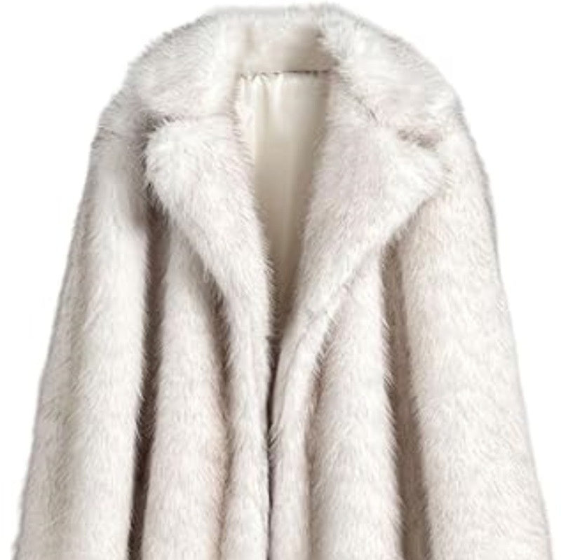 Women’s Long Faux Fur Coat with Notched Lapel-Villaayr