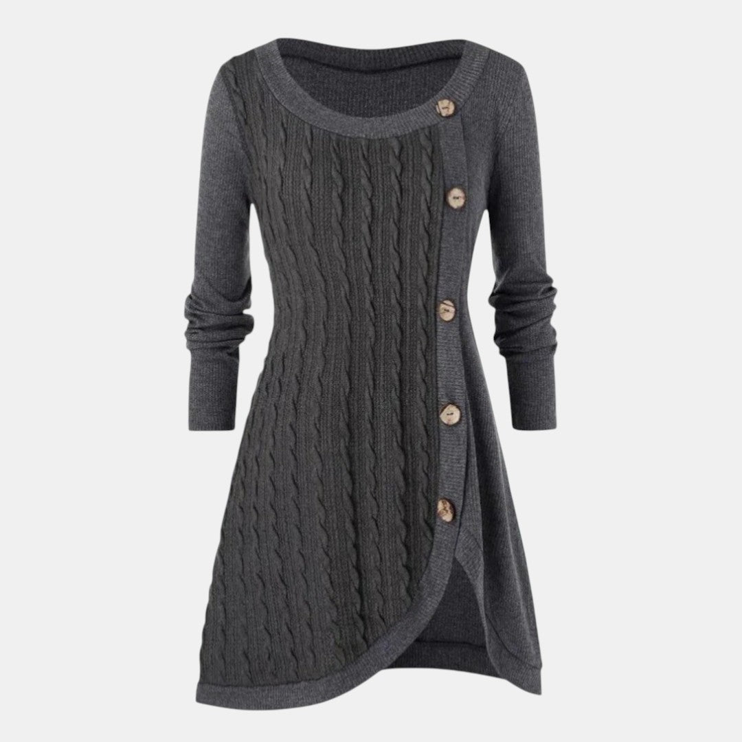 Women’s Long Sleeve Knitted Sweater Dress with Button Detail-Villaayr