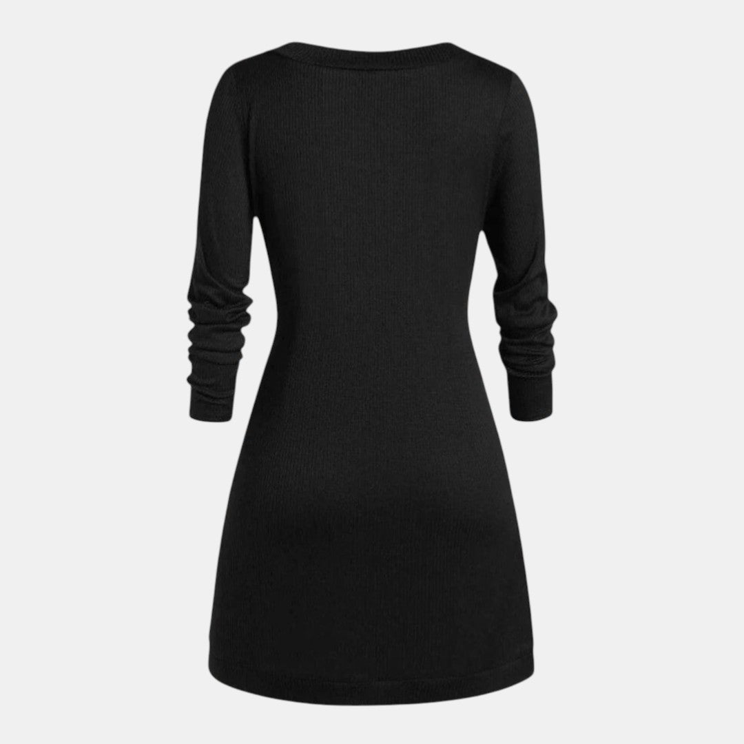 Women’s Long Sleeve Knitted Sweater Dress with Button Detail-Villaayr