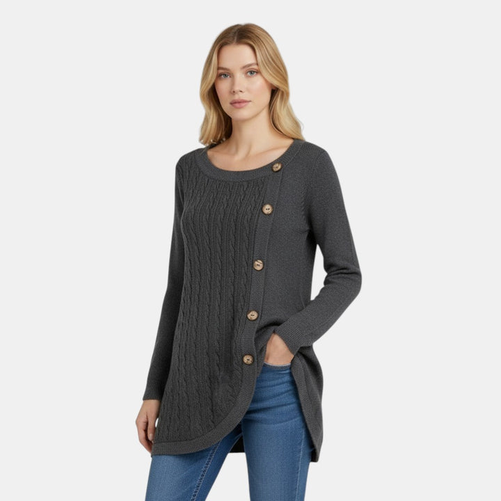 Women’s Long Sleeve Knitted Sweater Dress with Button Detail-Villaayr
