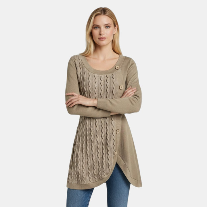 Women’s Long Sleeve Knitted Sweater Dress with Button Detail-Villaayr