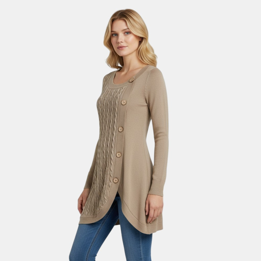 Women’s Long Sleeve Knitted Sweater Dress with Button Detail-Villaayr
