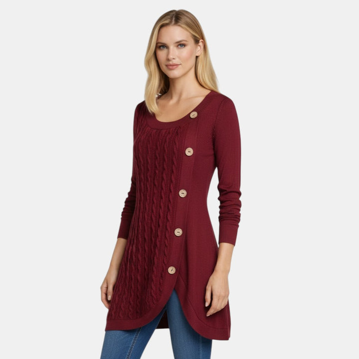 Women’s Long Sleeve Knitted Sweater Dress with Button Detail-Villaayr