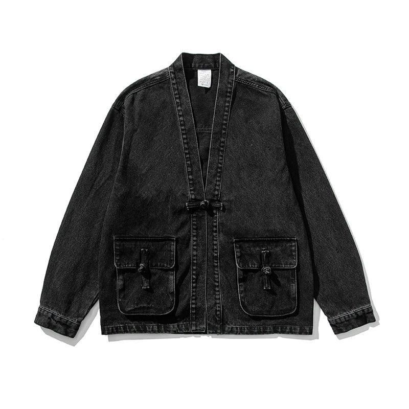 Women’s Oversized Denim Kimono Jacket Vintage Wash Utility Style-Villaayr