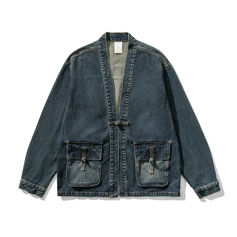 Women’s Oversized Denim Kimono Jacket Vintage Wash Utility Style-Villaayr