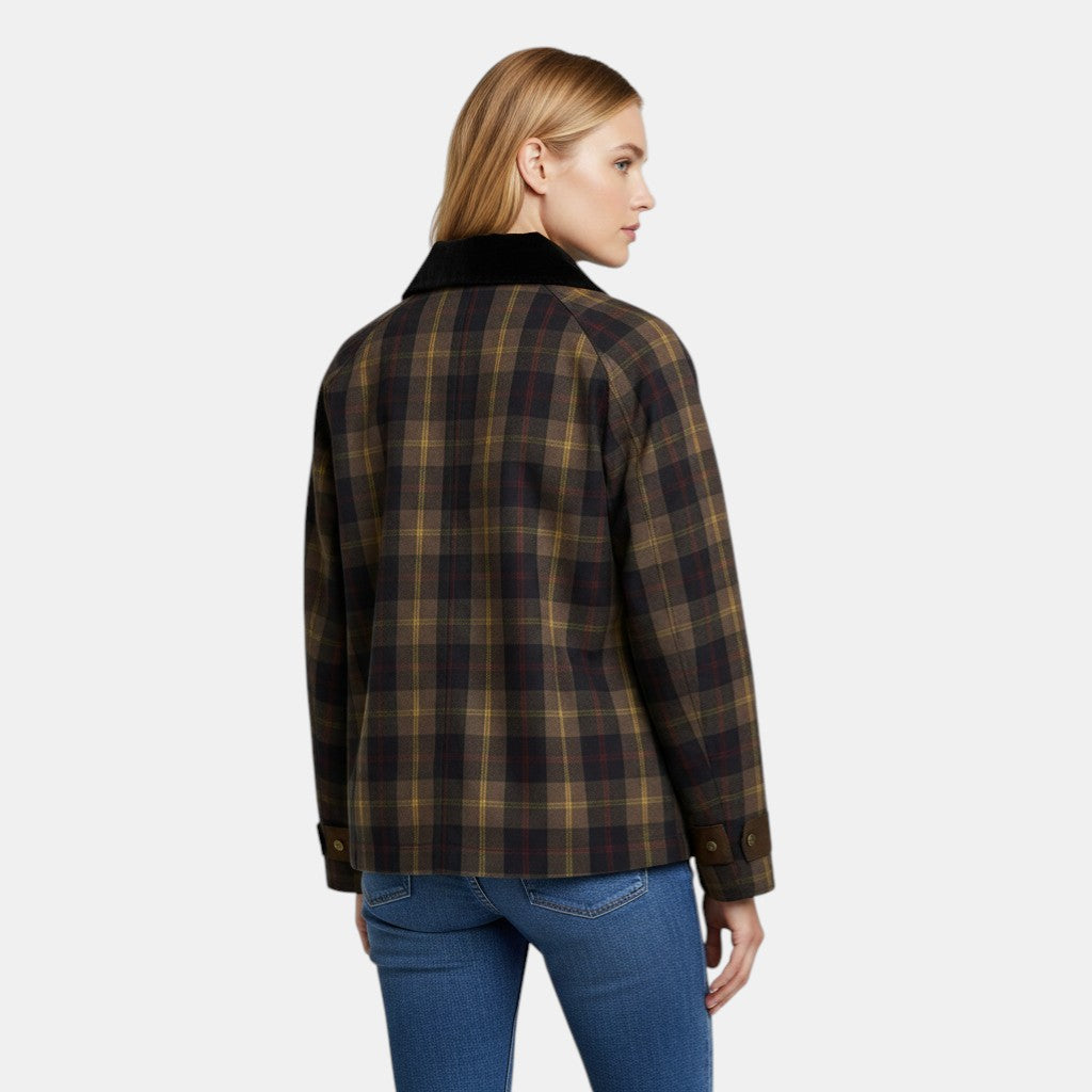 Women’s Plaid Button Front Jacket with Contrast Collar-Villaayr