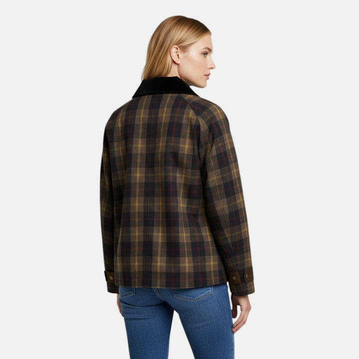 Women’s Plaid Button Front Jacket with Contrast Collar-Villaayr