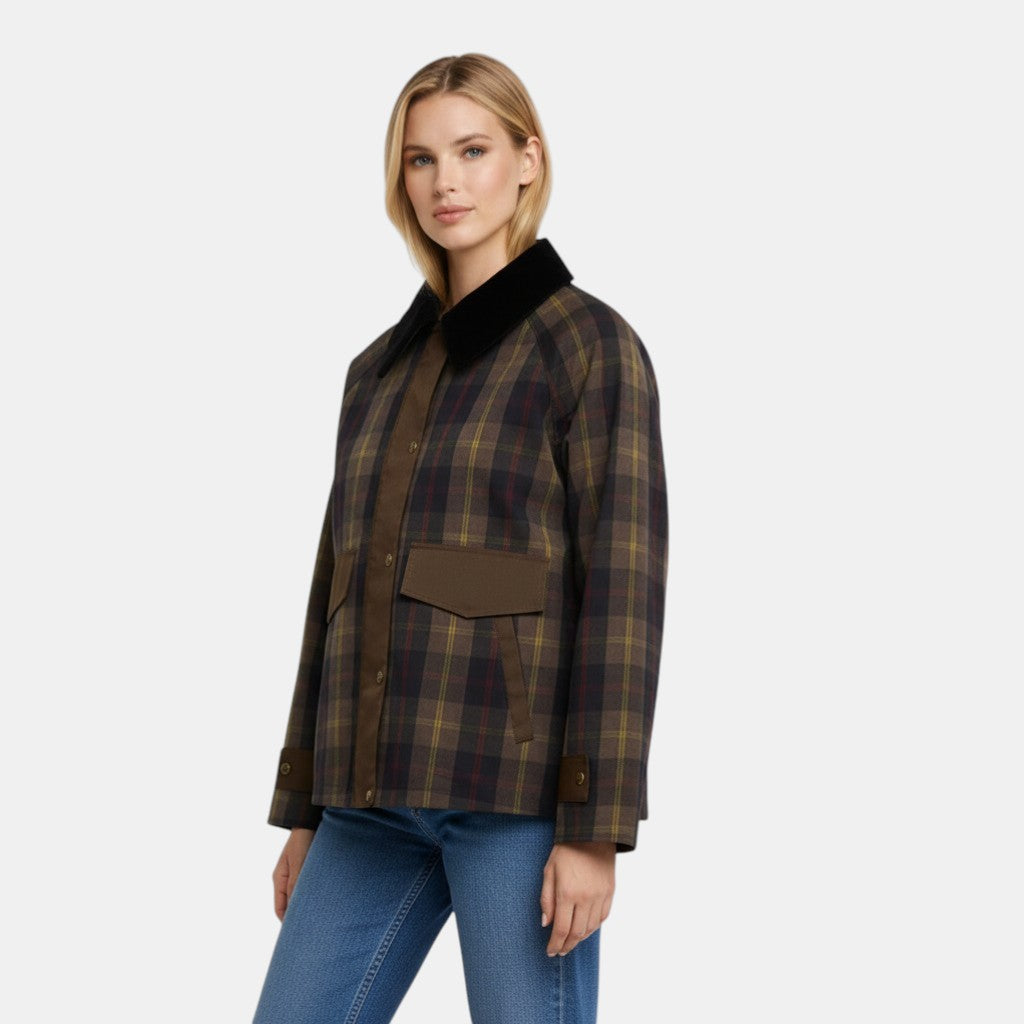 Women’s Plaid Button Front Jacket with Contrast Collar-Villaayr