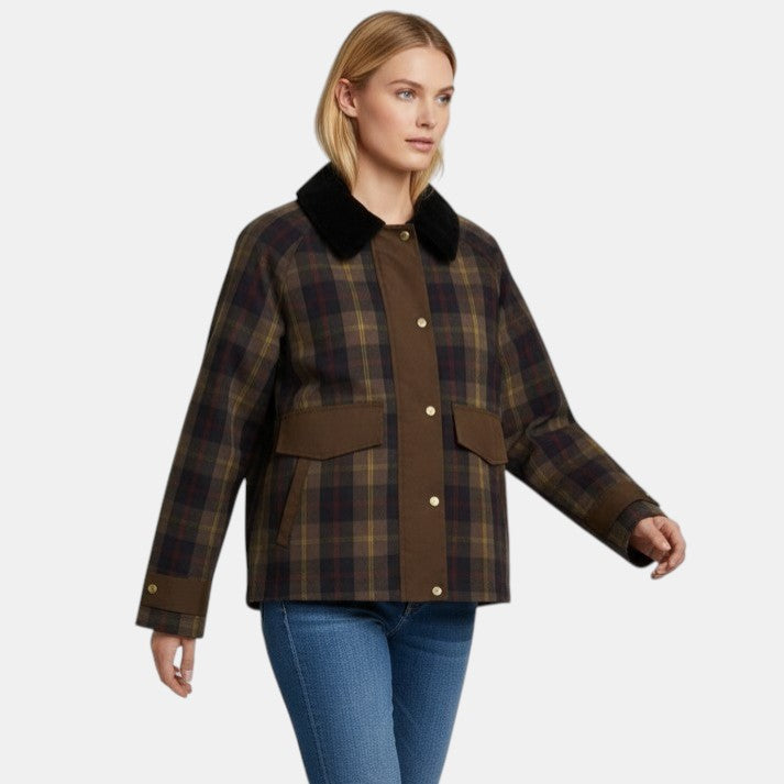 Women’s Plaid Button Front Jacket with Contrast Collar-Villaayr
