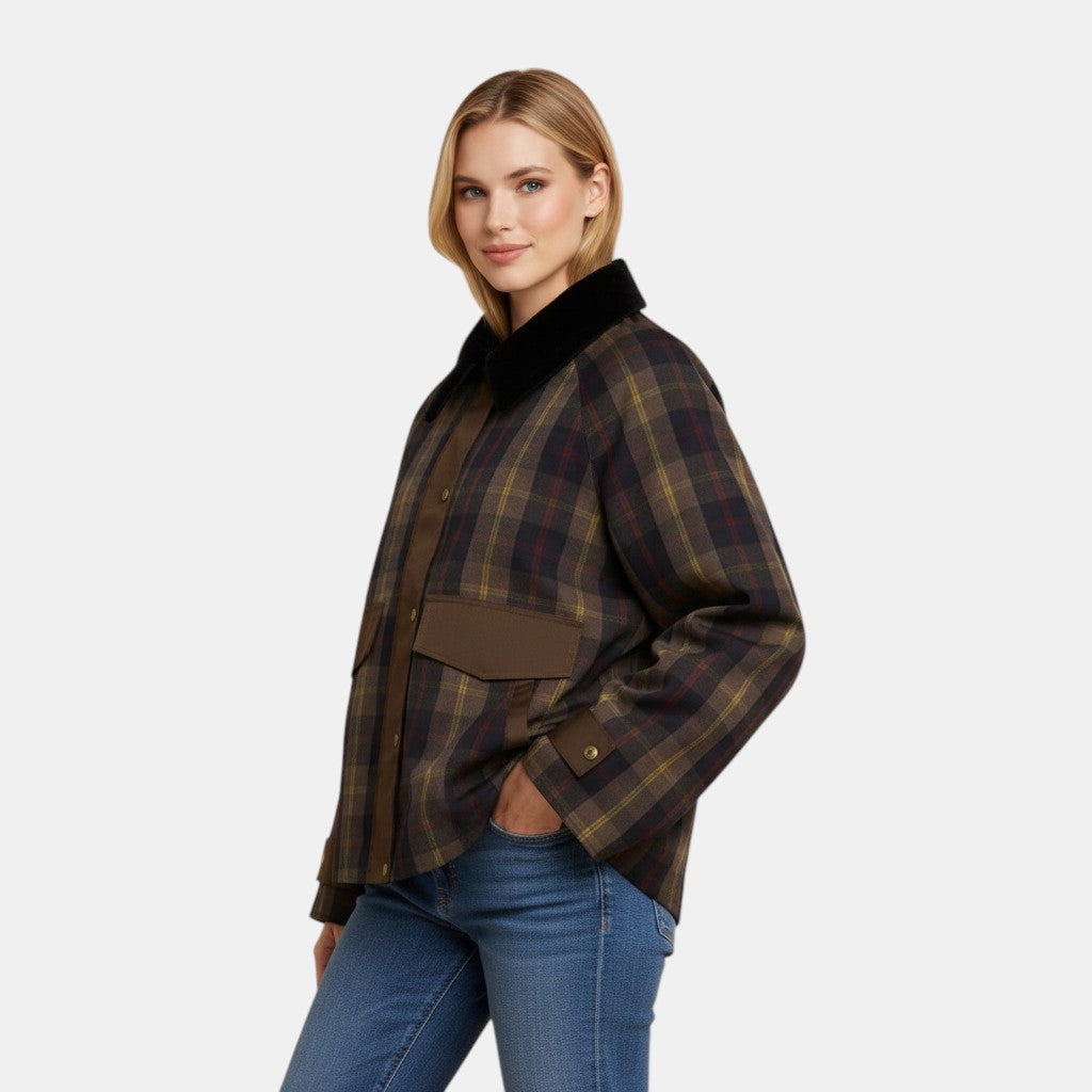 Women’s Plaid Button Front Jacket with Contrast Collar-Villaayr